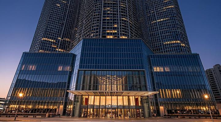 Современный стеклянный фасад башни Тадавул в Финансовом районе имени короля Абдаллы в Эр-Рияде на закате.