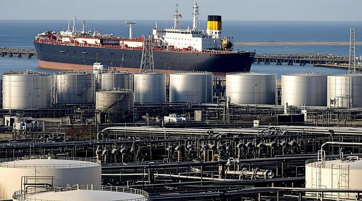 Нефтяные танкеры у причалов крупного нефтеперерабатывающего завода PDVSA в Венесуэле на фоне моря и резервуаров.