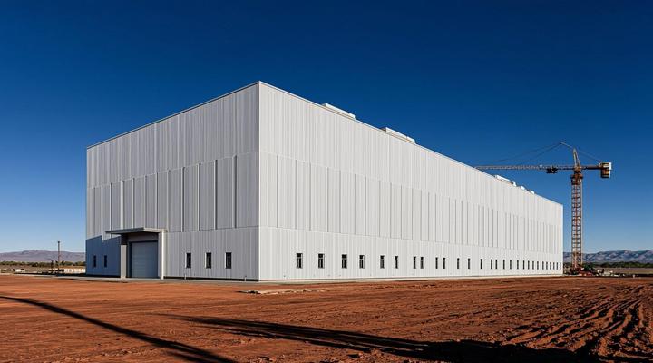 Огромный современный завод по производству полупроводников в пустыне Аризоны на закате, рядом видны строительные краны.
