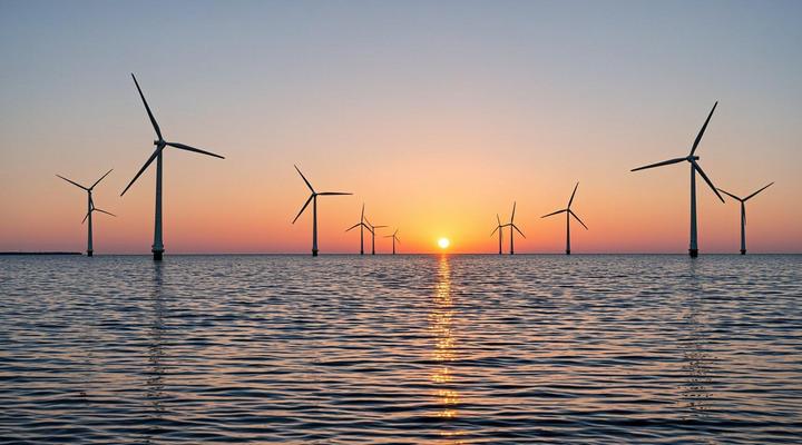 Морская ветряная электростанция с рядами крупных турбин у побережья Великобритании на рассвете.