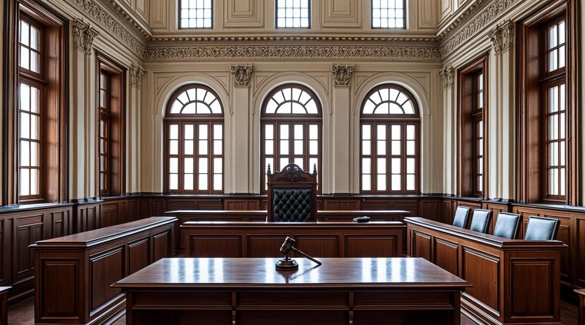 Пустой зал заседаний Верховного суда Индии с мебелью из темного дерева, в центре – пустое кресло судьи и судейский молоток на столе.