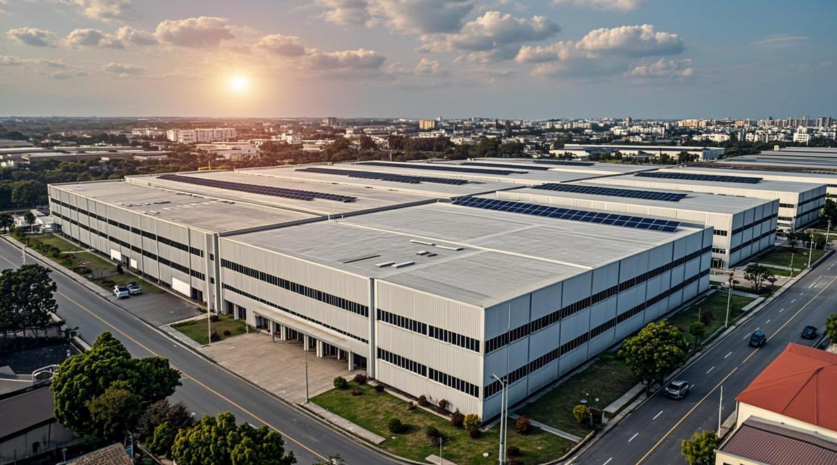 Современный кампус дата-центров с футуристической архитектурой и зелеными насаждениями в промышленной зоне Бекаси, Индонезия.