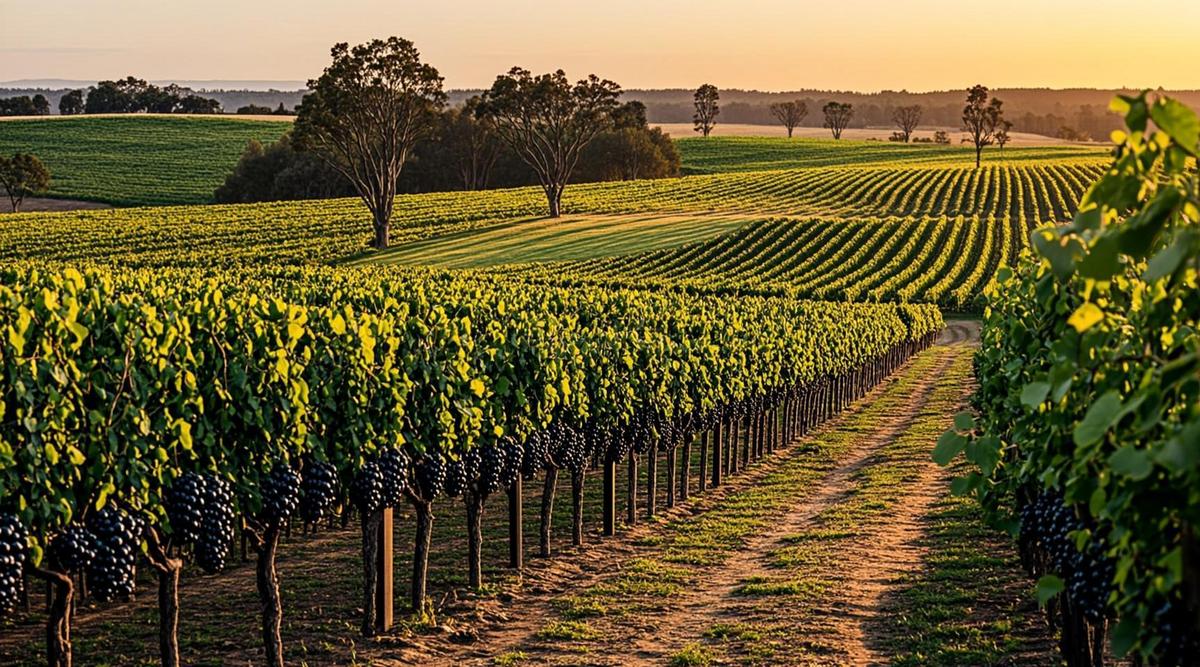 Бескрайние ряды виноградников в австралийской долине Баросса на закате, холмы и эвкалипты на заднем плане.