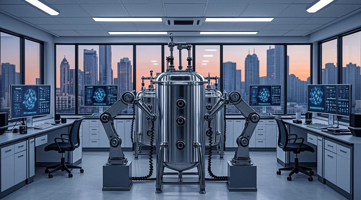 Современная фармацевтическая лаборатория с высокотехнологичным оборудованием, биореакторами и компьютерными мониторами.