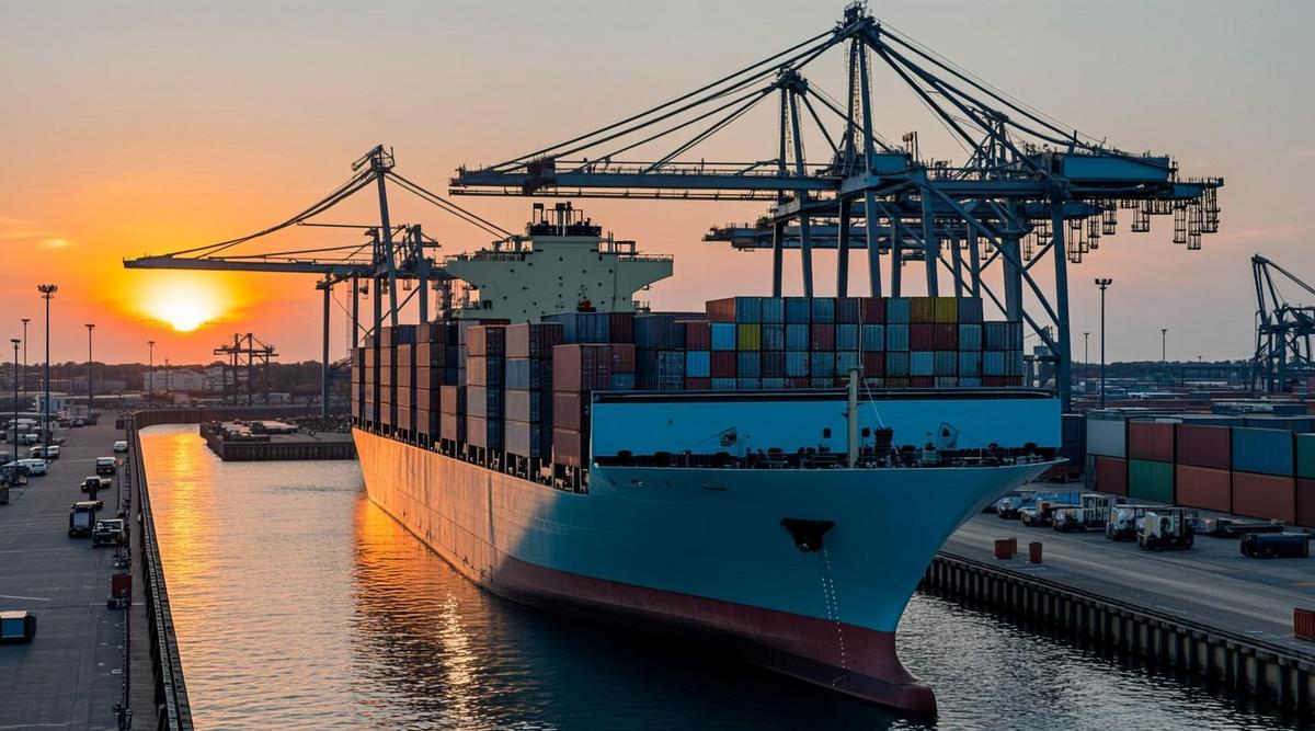 Огромный контейнеровоз проходит через шлюз Панамского канала на фоне портовых кранов и грузовых контейнеров на рассвете.