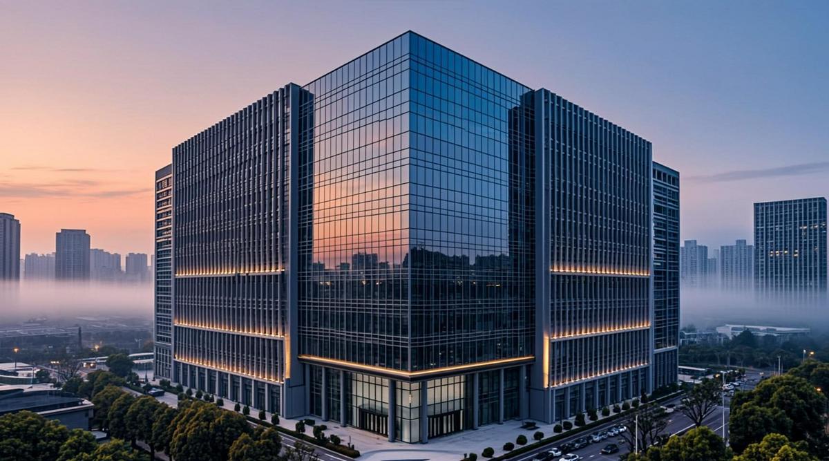 Современное здание крупного центра обработки данных с минималистичной архитектурой и внешней подсветкой на фоне вечернего города.