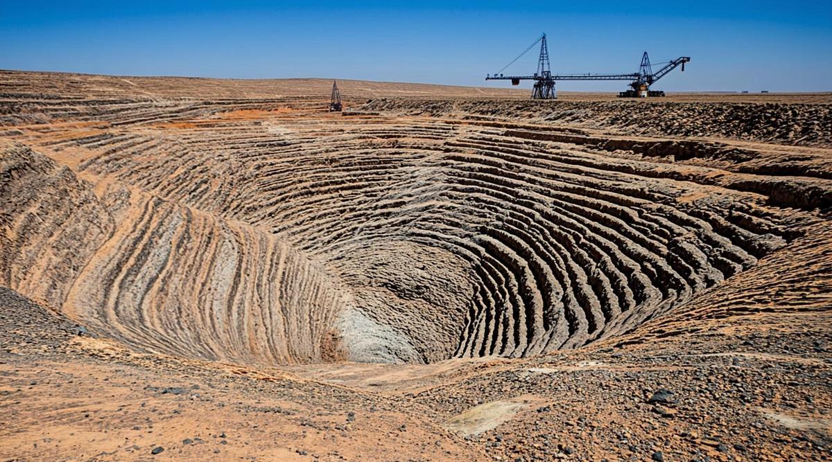 Огромный карьер по добыче редкоземельных минералов в Австралии. Разноцветные слои породы, видны террасы и контуры горнодобывающей техники.
