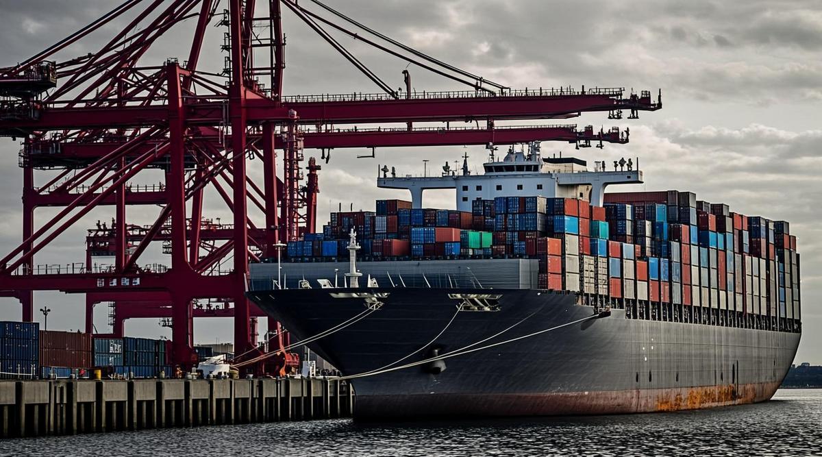 Грузовой порт у Панамского канала с портовыми кранами, штабелями контейнеров и пришвартованным кораблем.