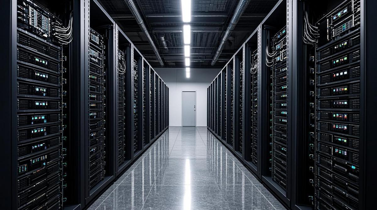 Ряды серверных стоек с мигающими светодиодами в современном центре обработки данных.