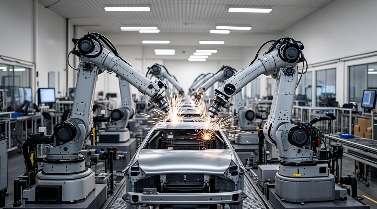 Роботизированные манипуляторы на современном сборочном конвейере автомобильного завода собирают шасси электромобиля.