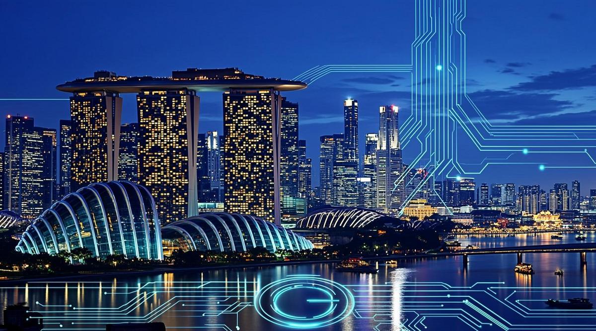 Футуристический ночной пейзаж Сингапура с небоскребами, подсвеченными цифровыми схемами, которые отражаются в воде залива.