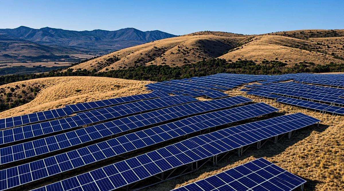 Солнечная электростанция с рядами фотоэлектрических панелей на фоне холмистого пейзажа Калифорнии на рассвете.