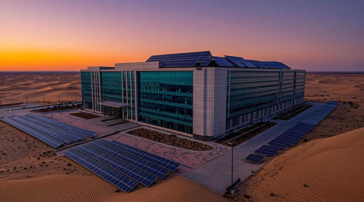 Страны Персидского залива: новый мировой хаб для центров обработки данных Огромный футуристический центр обработки данных с солнечными панелями на крыше посреди арабской пустыни на закате.