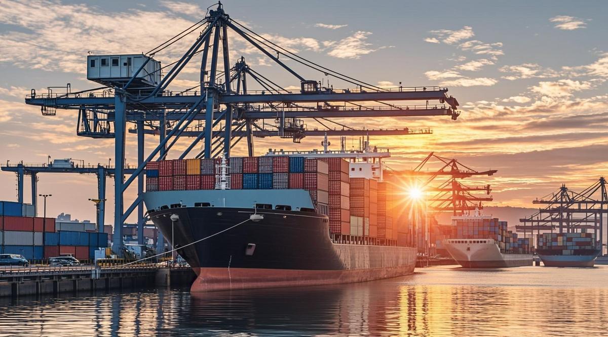 Грузовой контейнеровоз в современном морском порту во время погрузки контейнеров кранами на фоне восходящего солнца.
