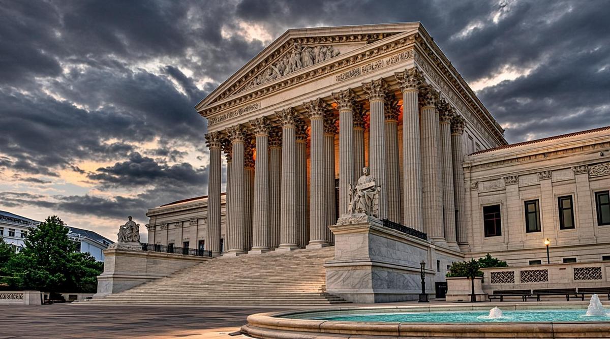 Верховный суд США признал незаконными глобальные торговые пошлины Трампа Здание Верховного суда США в Вашингтоне на рассвете. Мраморный фасад и колонны подсвечены утренним светом на фоне драматичного неба.