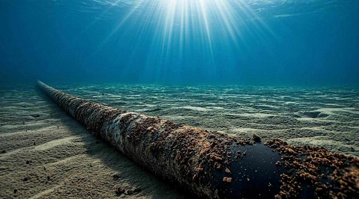 США ввели санкции против Чили из-за проекта подводного кабеля с Китаем Массивный подводный оптоволоконный кабель лежит на песчаном дне океана, освещенный лучами солнца, пробивающимися сквозь воду.