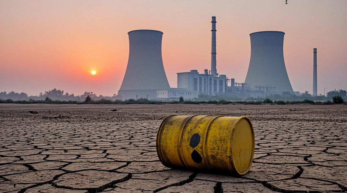 Современная градирня атомной электростанции на фоне рассвета в индийском пейзаже. На переднем плане – желтая бочка со знаком радиации.