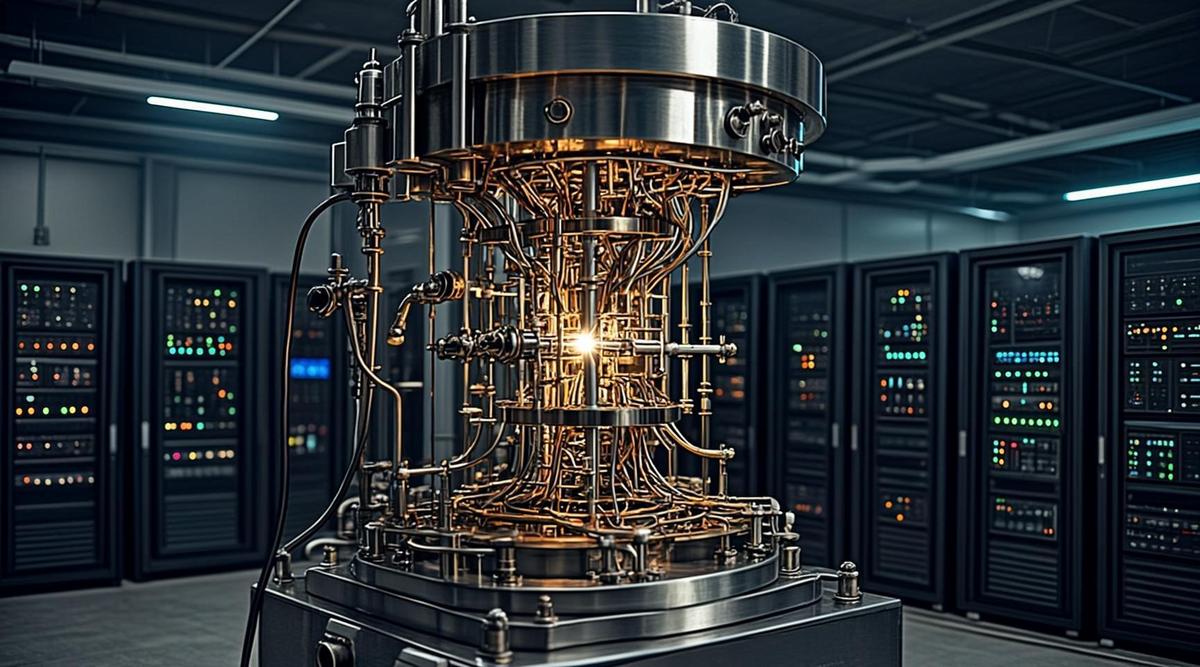 Светящийся квантовый компьютер в центре современного серверного зала, подсвеченный синими и желтыми огнями. Вокруг видна сложная система проводов и труб охлаждения.