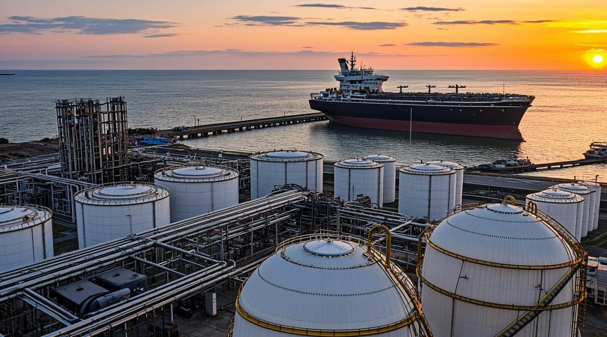 Газовый терминал с резервуарами и грузовое судно в морском порту на закате.