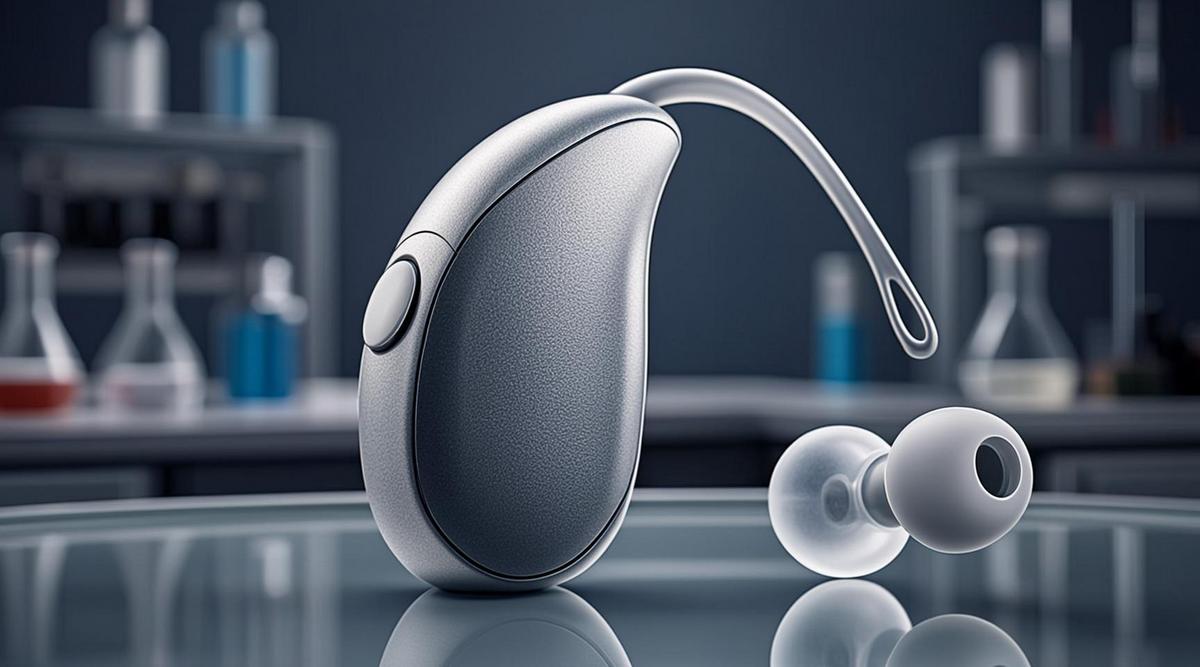 Современный цифровой слуховой аппарат на стеклянном столе в светлой лаборатории