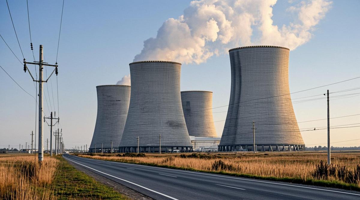 США и Япония инвестируют 40 миллиардов долларов в атомную энергетику Промышленный пейзаж с современным малым модульным ядерным реактором и опорами ЛЭП на рассвете