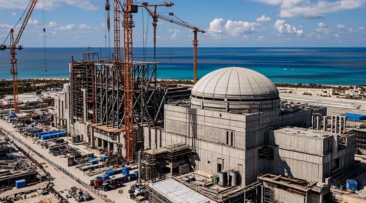 Строительная площадка атомной станции на побережье с подъемными кранами и промышленными объектами