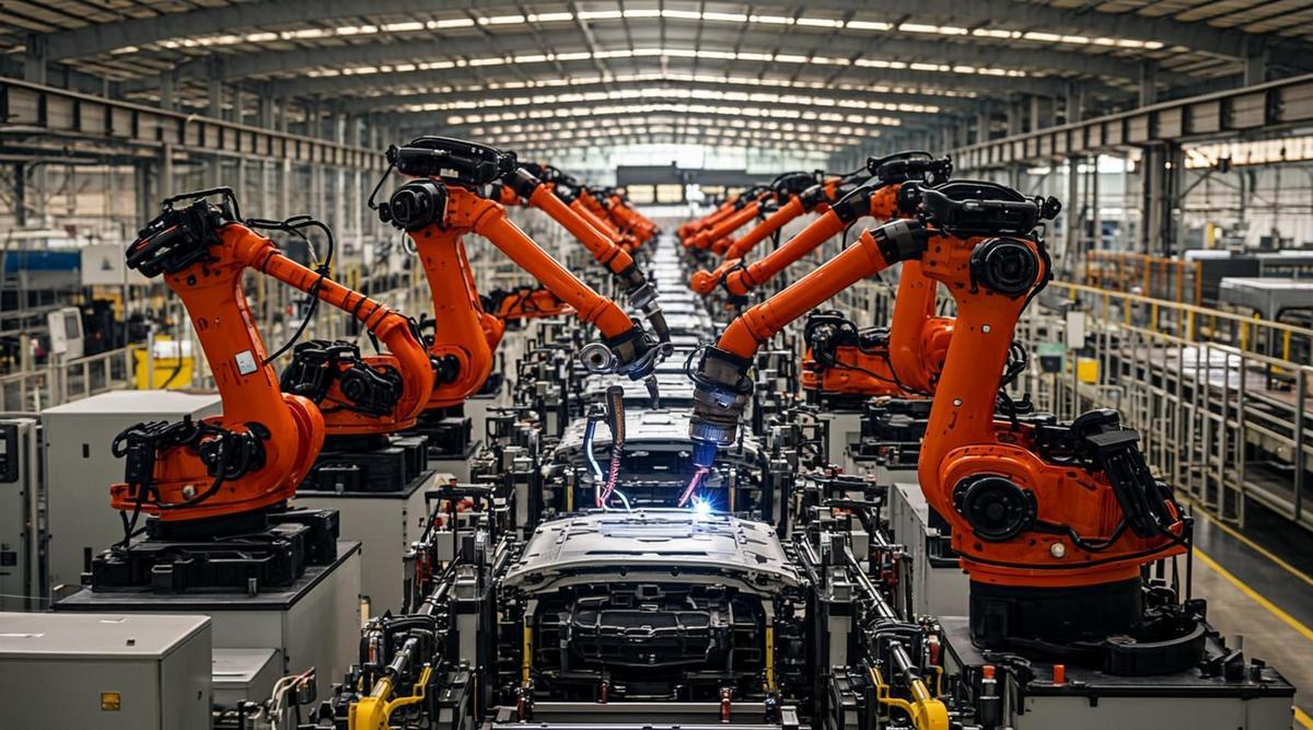 Промышленная роботизированная линия на автомобильном заводе в Южной Корее