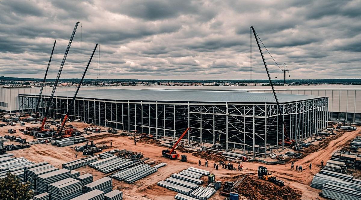 Строительная площадка крупного промышленного предприятия в Бразилии с подъемными кранами и каркасами зданий.