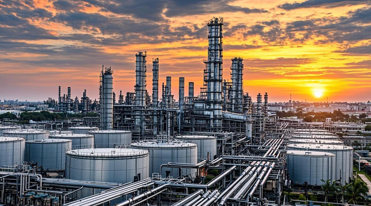 Панорама промышленного комплекса с нефтеперерабатывающими установками и стальными резервуарами на закате