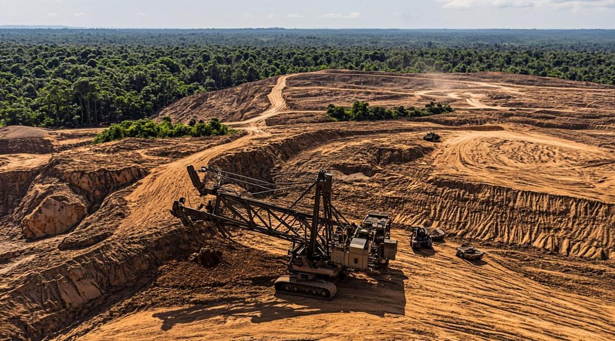 Венесуэла меняет закон о недрах: Каракас рассчитывает на инвестиции из США Промышленный вид на открытый карьер с террасами из красного грунта на фоне тропического леса