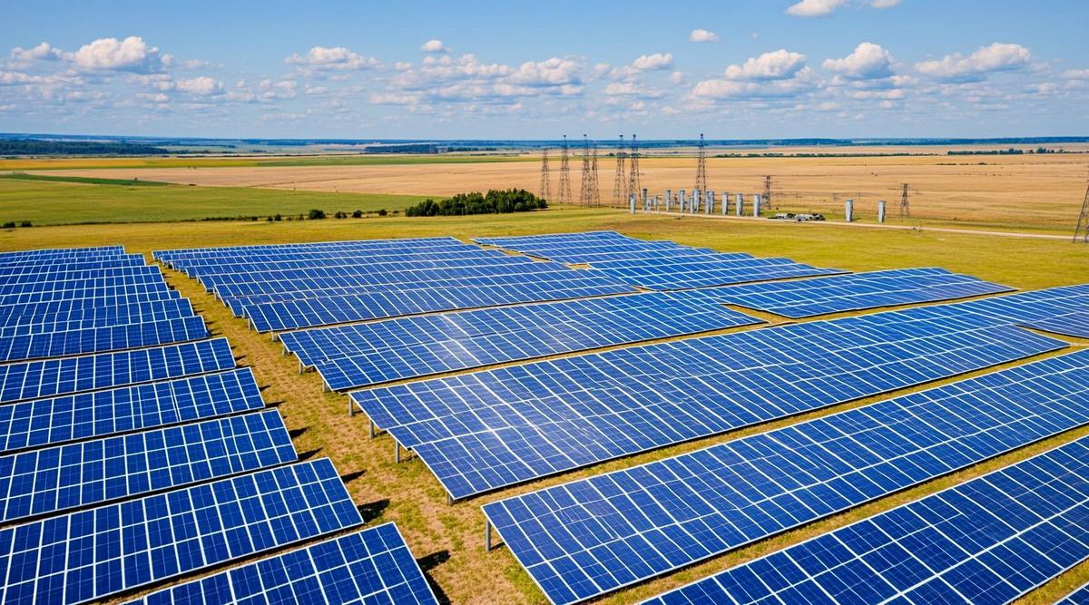 Сделка Qualitas Energy: солнечные электростанции в Польше мощностью 376 МВт Длинные ряды солнечных панелей на открытой территории в сельской местности Польши в солнечный день.