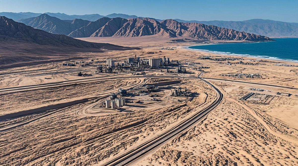 Грузовая железная дорога в пустынной местности, ведущая к морскому порту на горизонте