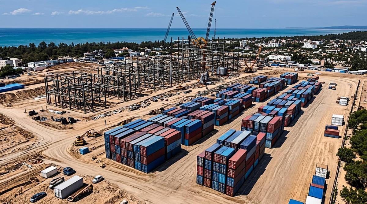 Промышленная площадка на побережье Филиппин со строительной техникой и контейнерами в тропической зелени.