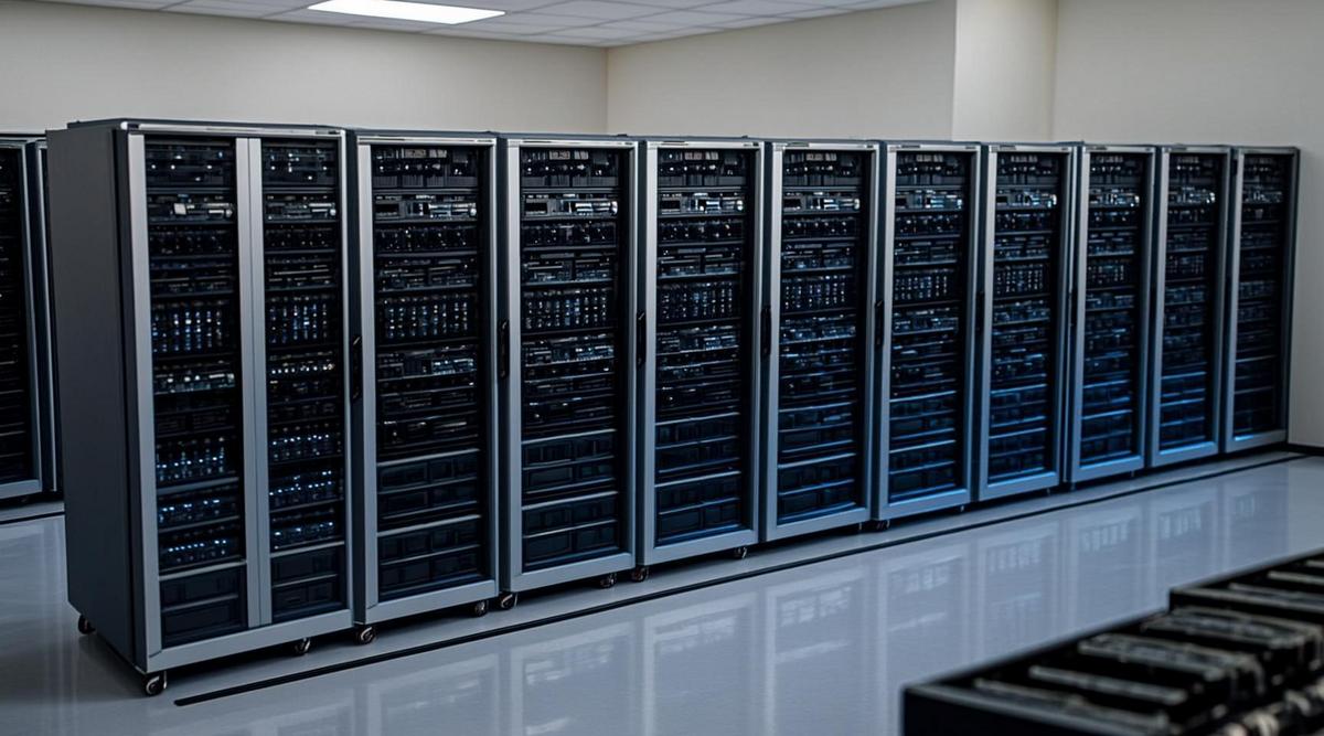 Интерьер современного серверного зала с рядами стоек и синей световой индикацией оборудования.