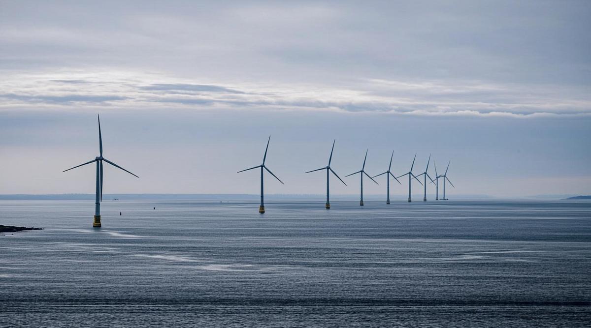 Белые ветряные генераторы в море у береговой линии на фоне неба в дымке.