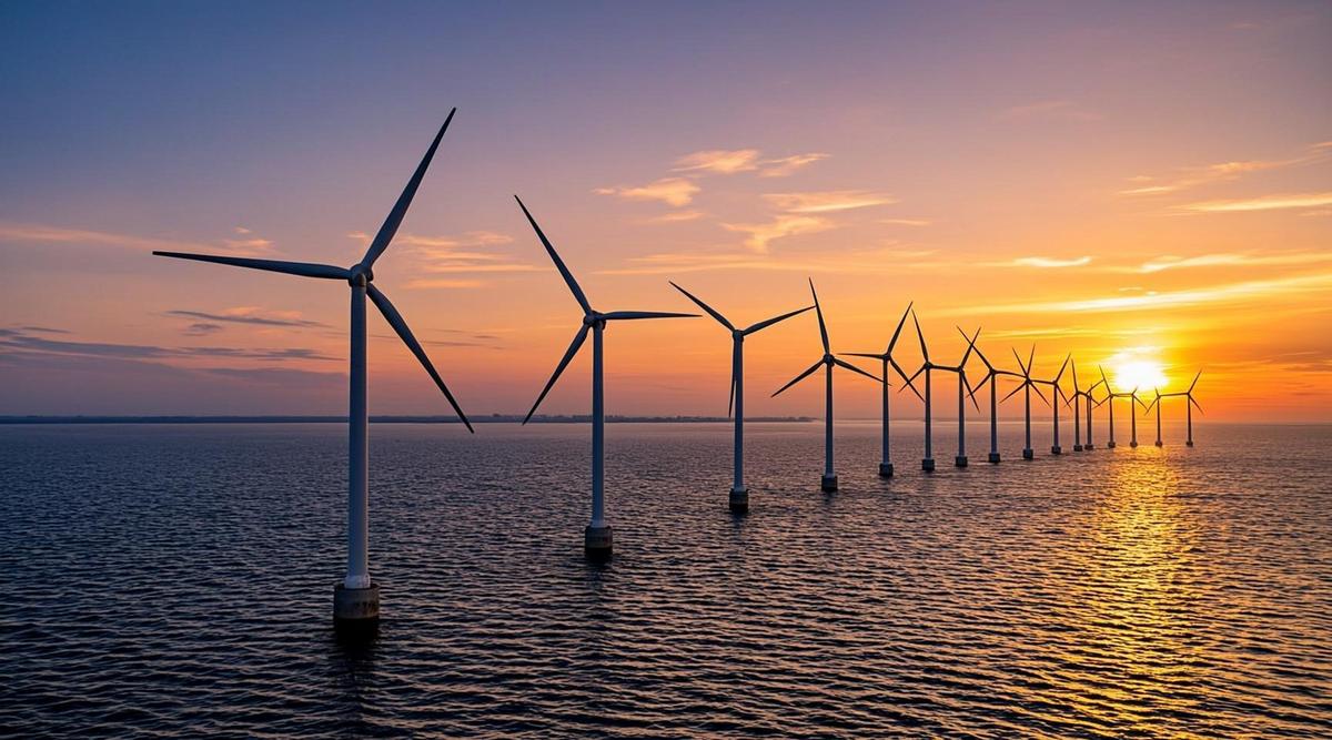 Ряд высоких ветряных турбин, установленных в море, на фоне заходящего солнца