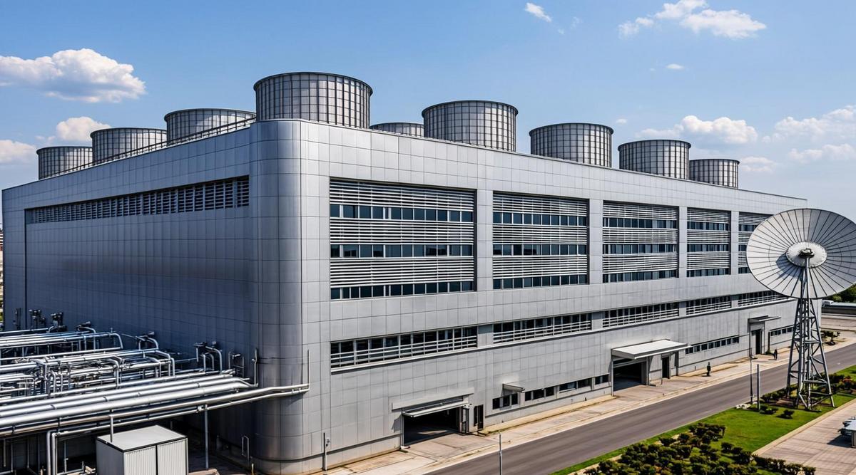 Внешний вид крупного центра обработки данных с промышленным оборудованием и антеннами на фоне неба.