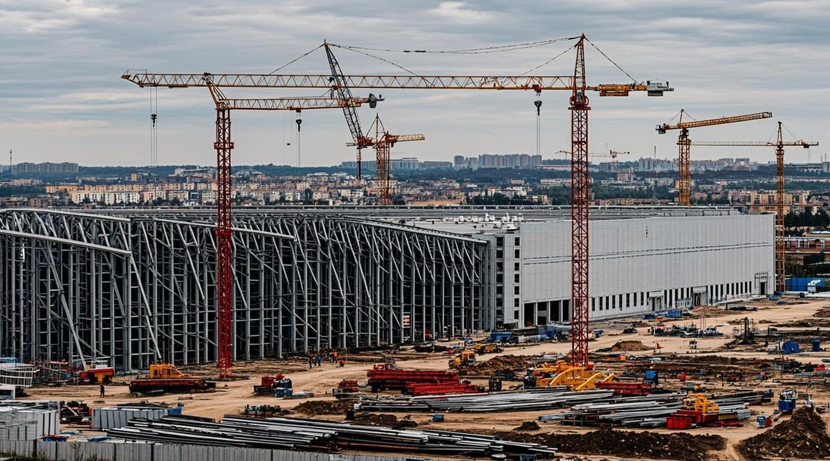 Строительная площадка промышленного завода с металлическими каркасами цехов и высотными кранами