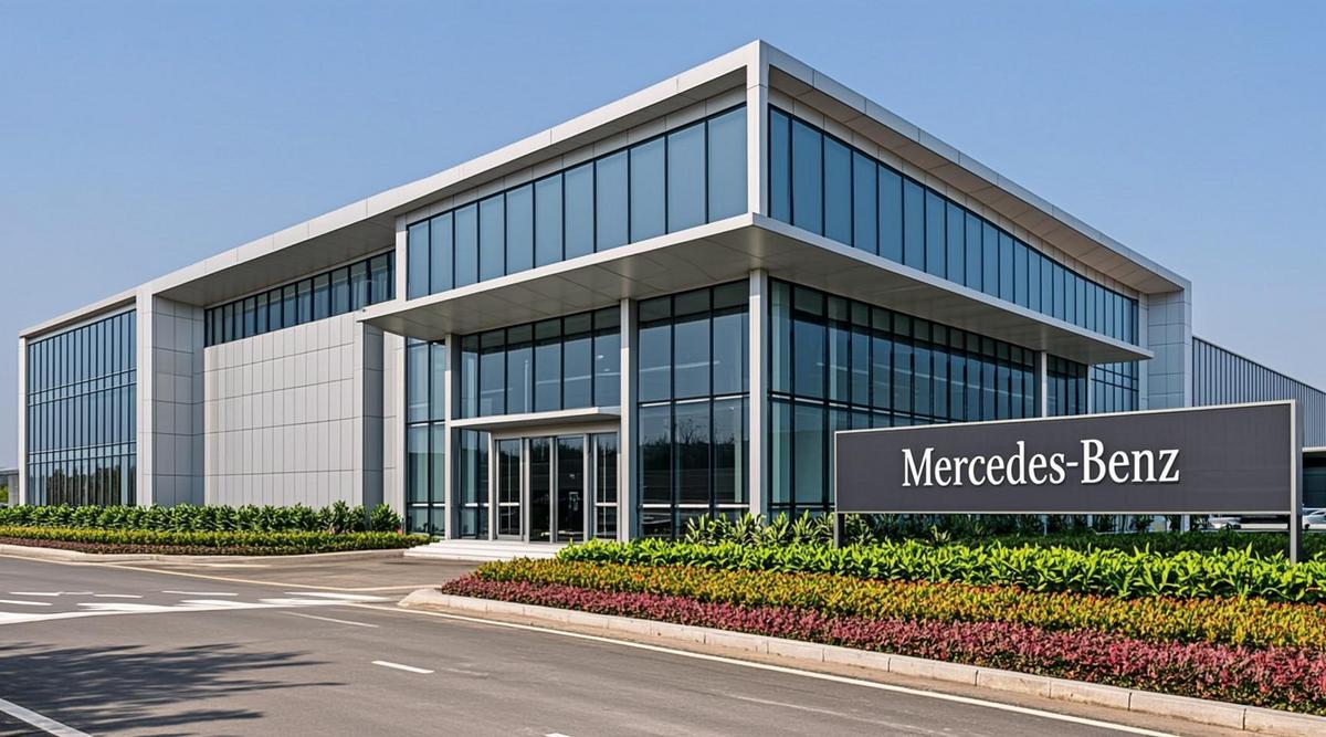 Современное здание исследовательского центра Mercedes-Benz в Бангалоре, Индия. Фасад из стекла и стали, зеленые насаждения вокруг.