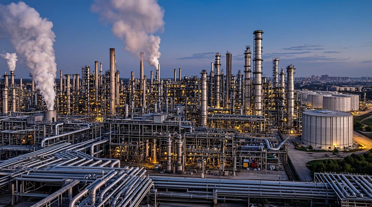 Крупный нефтеперерабатывающий комплекс в сумерках. На фото видны промышленные установки, освещённые трубы и резервуары для хранения топлива.