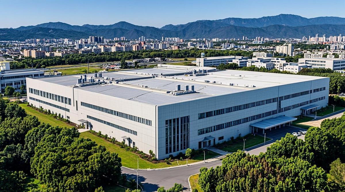 Sony и TSMC вложат Y1 трлн в производство сенсоров в Японии Современное здание завода по производству полупроводников на фоне зелёных холмов и гор в префектуре Кумамото, Япония.