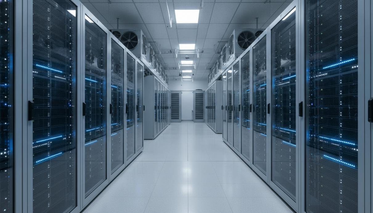Современный центр обработки данных Amazon Web Services с рядами серверных стоек, подсвеченных голубым светом.