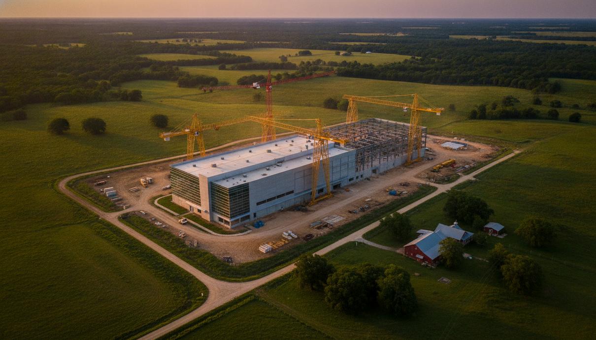 Крупный современный завод по производству силовых трансформаторов на этапе строительства, промышленные краны и оборудование на фоне сельского пейзажа.