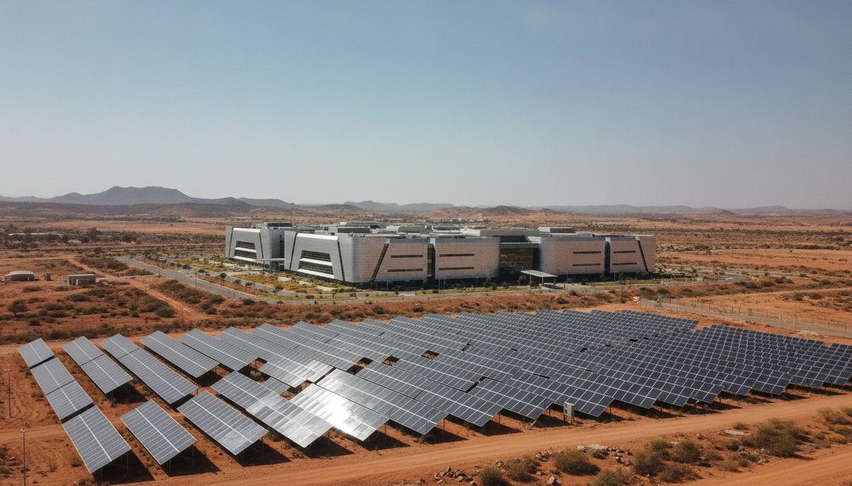 Шведская EQT инвестирует $50 млрд в Индию до 2030 года Современный комплекс зданий дата-центра на фоне поля с солнечными панелями в Индии.