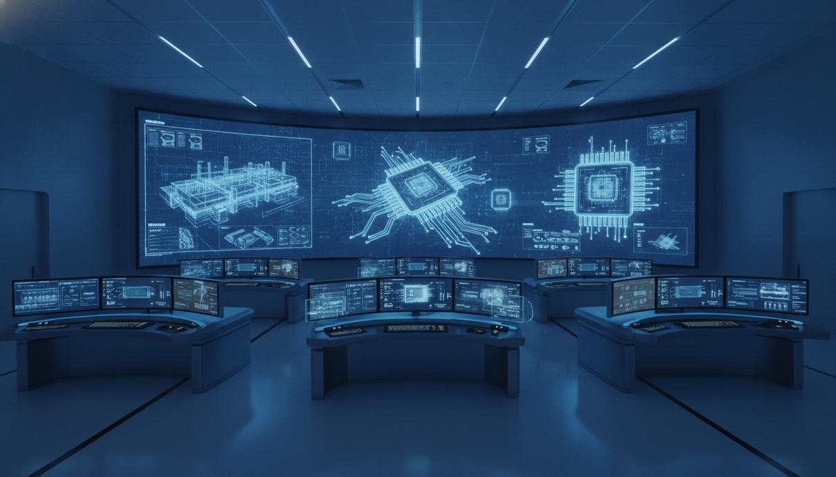 GlobalFoundries запустила в Сингапуре единый центр управления производством Пустой высокотехнологичный центр управления заводом по производству микросхем с рядом больших экранов на стене, отображающих схемы и данные.