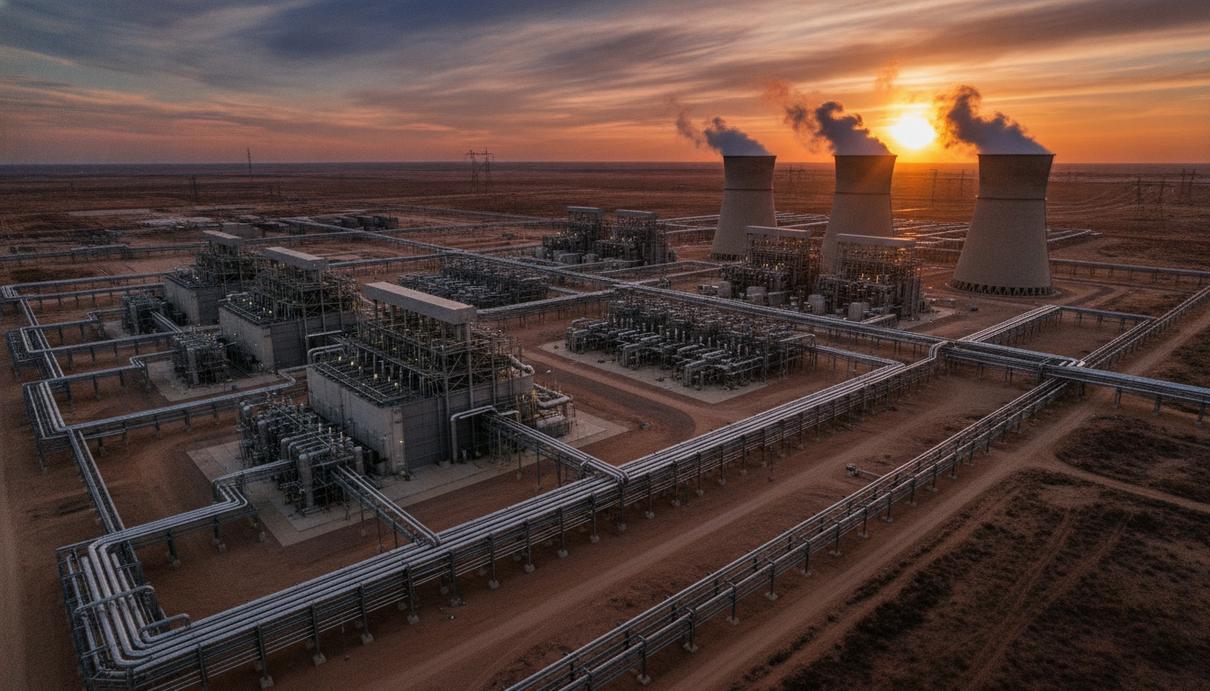Южная Корея вложит $22,3 млрд в газовую электростанцию в Техасе Крупная газовая электростанция в Техасе на закате. Промышленный комплекс с трубами и градирнями в степном ландшафте.