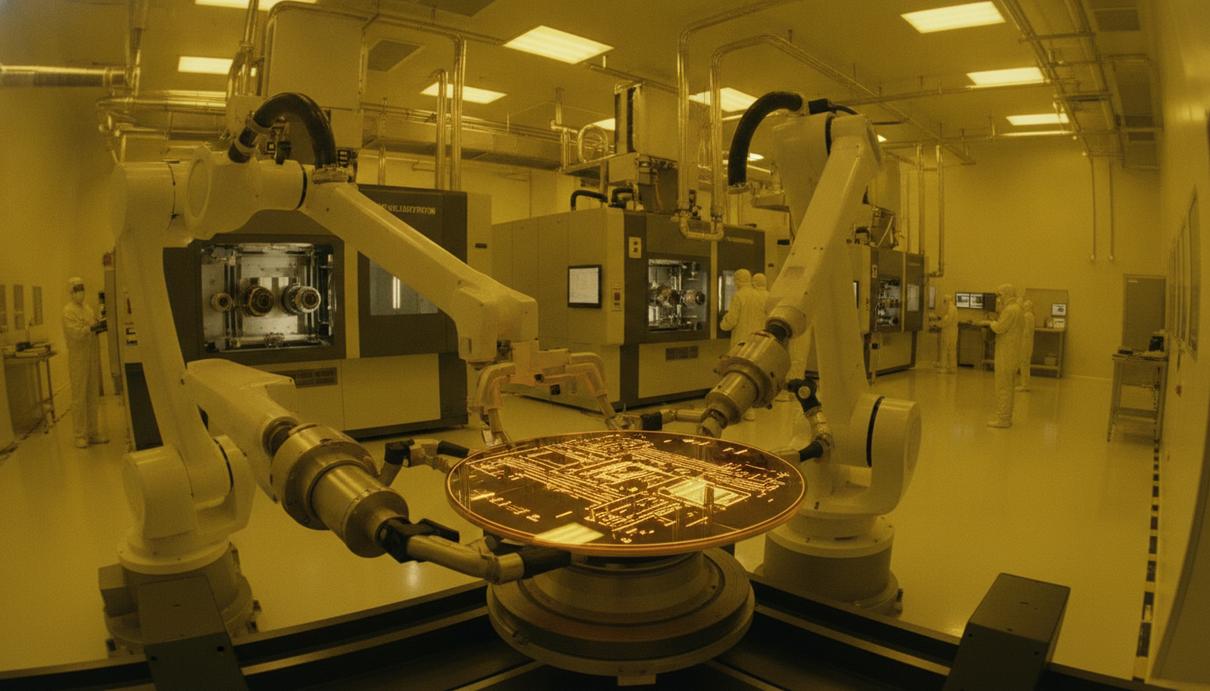 Роботизированные манипуляторы работают с кремниевой пластиной в стерильном цехе завода по производству полупроводников.